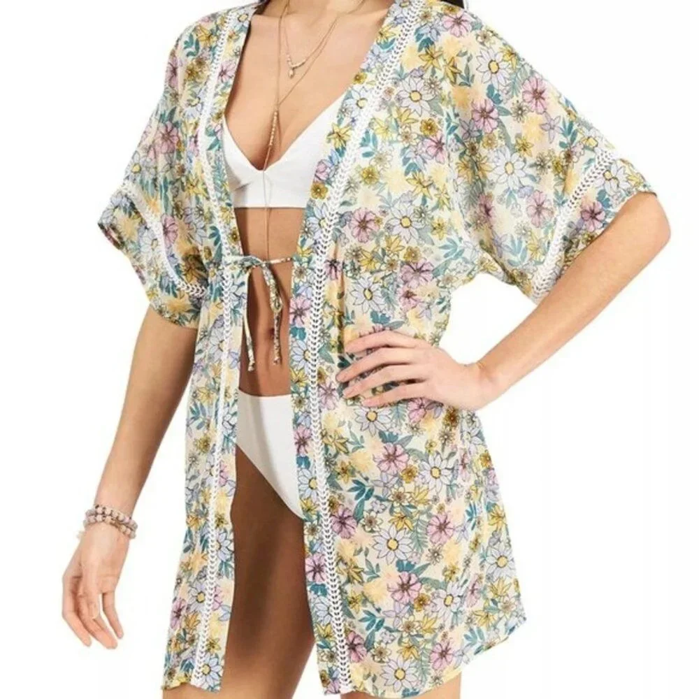 Miken S Kimono Swim Cover up Angora Lavender Retro Floral Eyelet Lace Swimwear